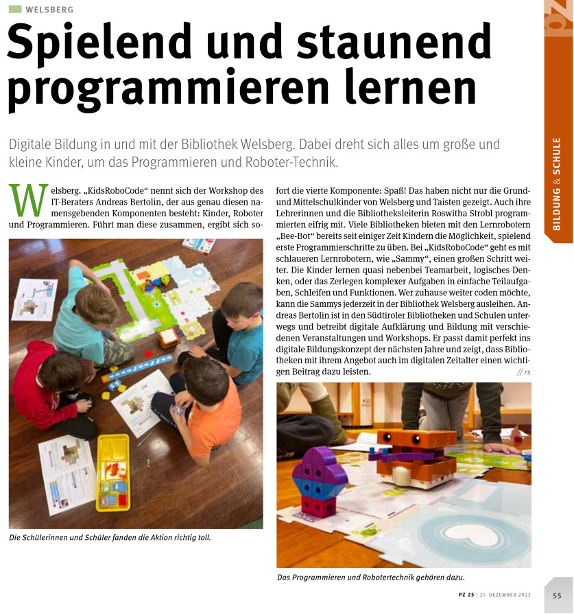 KidsRoboCode: Artikel in Pustertaler Zeitung vom 21.12.2023